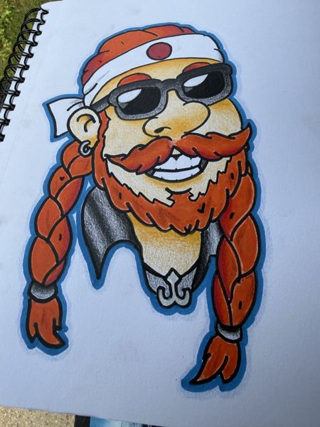 Paint-marker portrait of a bearded figure in orange and blue
